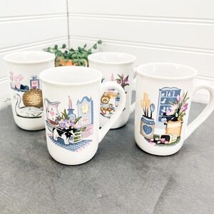 Vintage Farmhouse Ceramic Mug Set of 4: Floral Coffee Cups